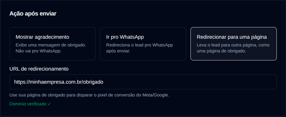 Bloco Ação após enviar com Redirecionar para uma página selecionado
