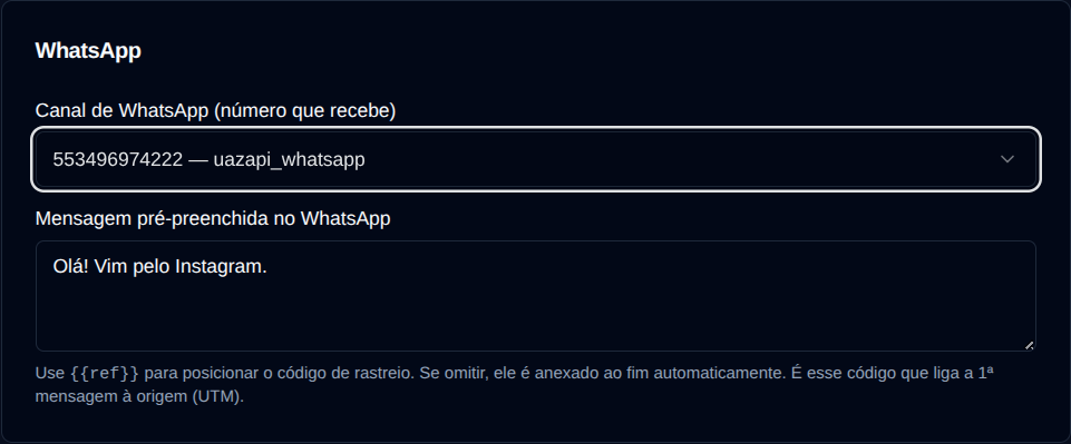 Bloco WhatsApp com o canal que recebe e a mensagem pré-preenchida