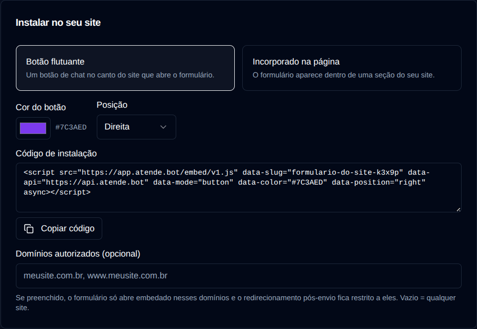 Bloco Instalar no seu site com as opções de modo e o código de instalação