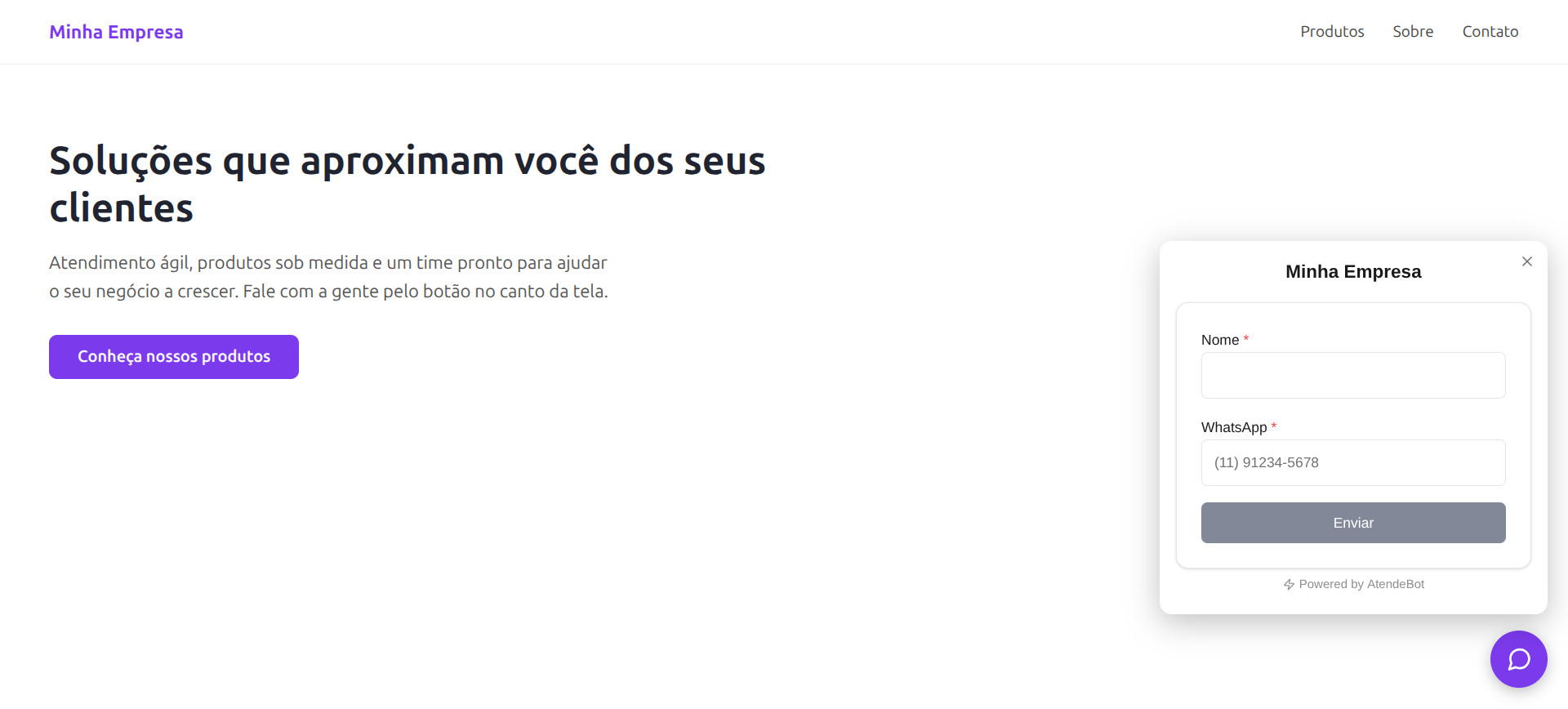 Widget no modo Botão flutuante aberto num site, com o painel de chat expandido