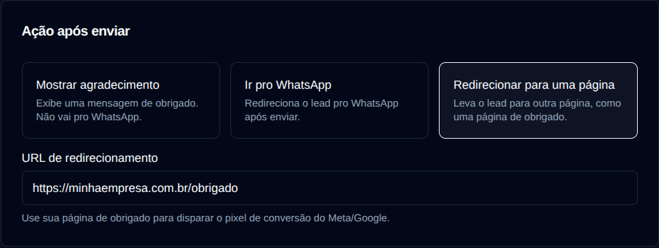 Bloco Ação após enviar com Redirecionar para uma página selecionado